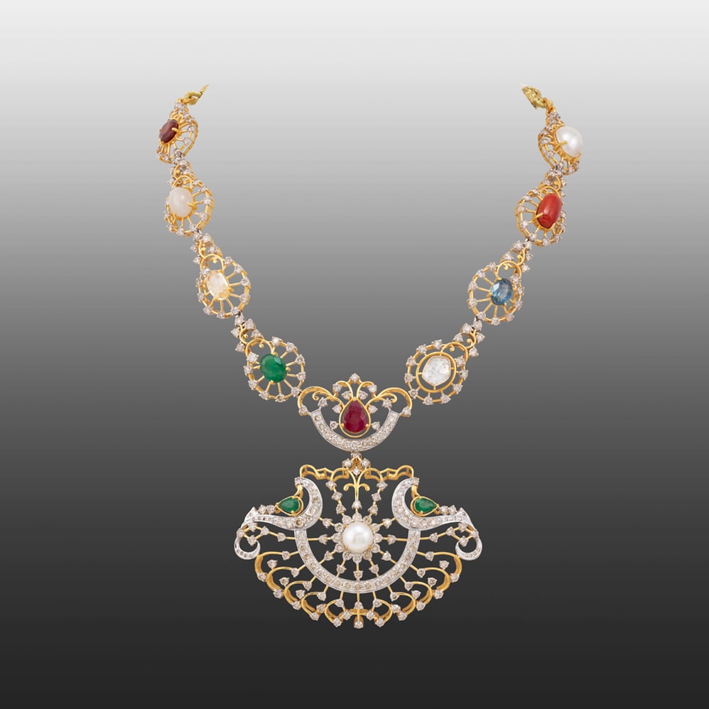 Navratan Necklace with Diamond Frames and Central Pearl Pendant